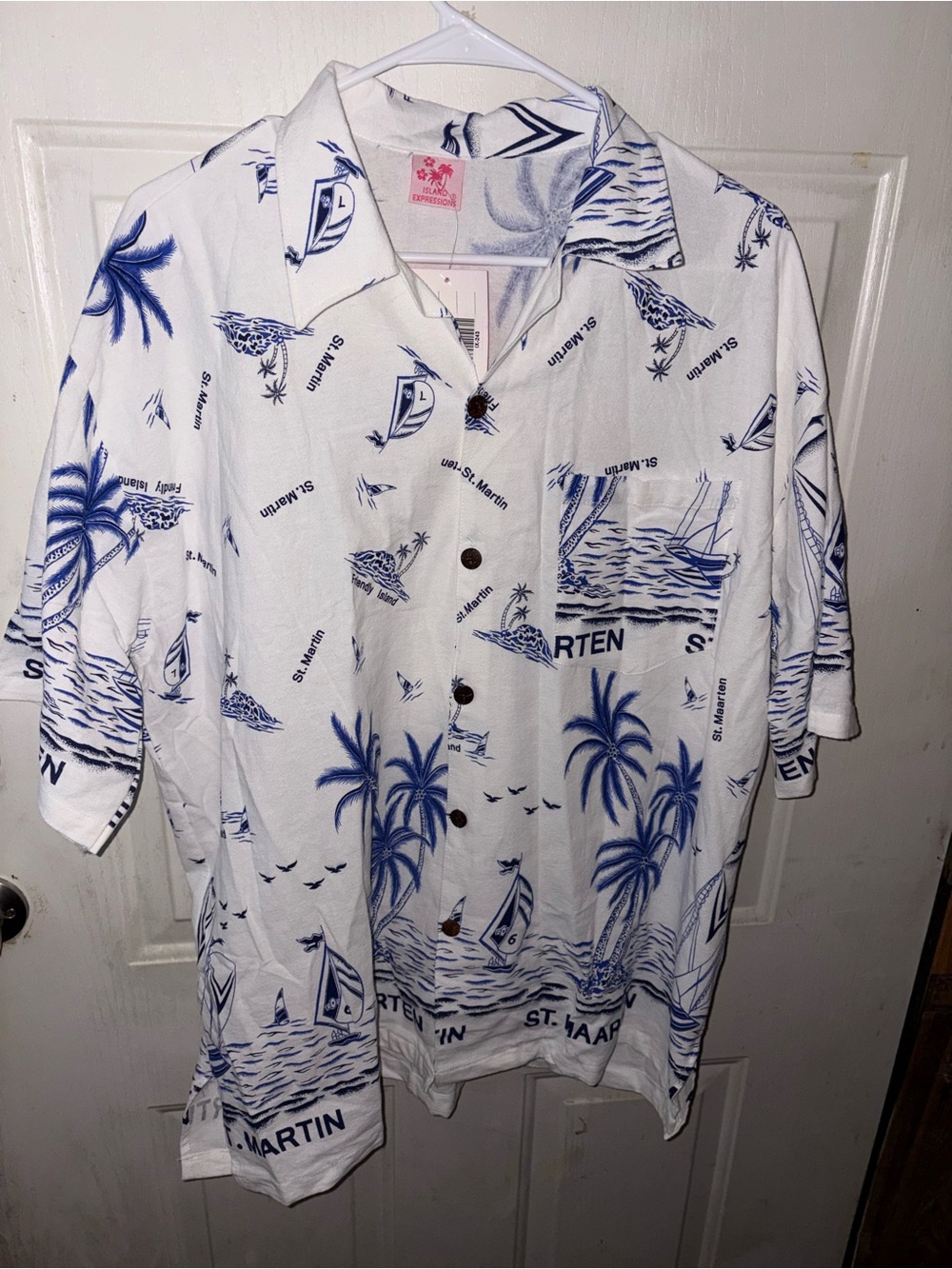 Island Expressions White & Blue Hawaiian Camp Collar Shirt 2xl